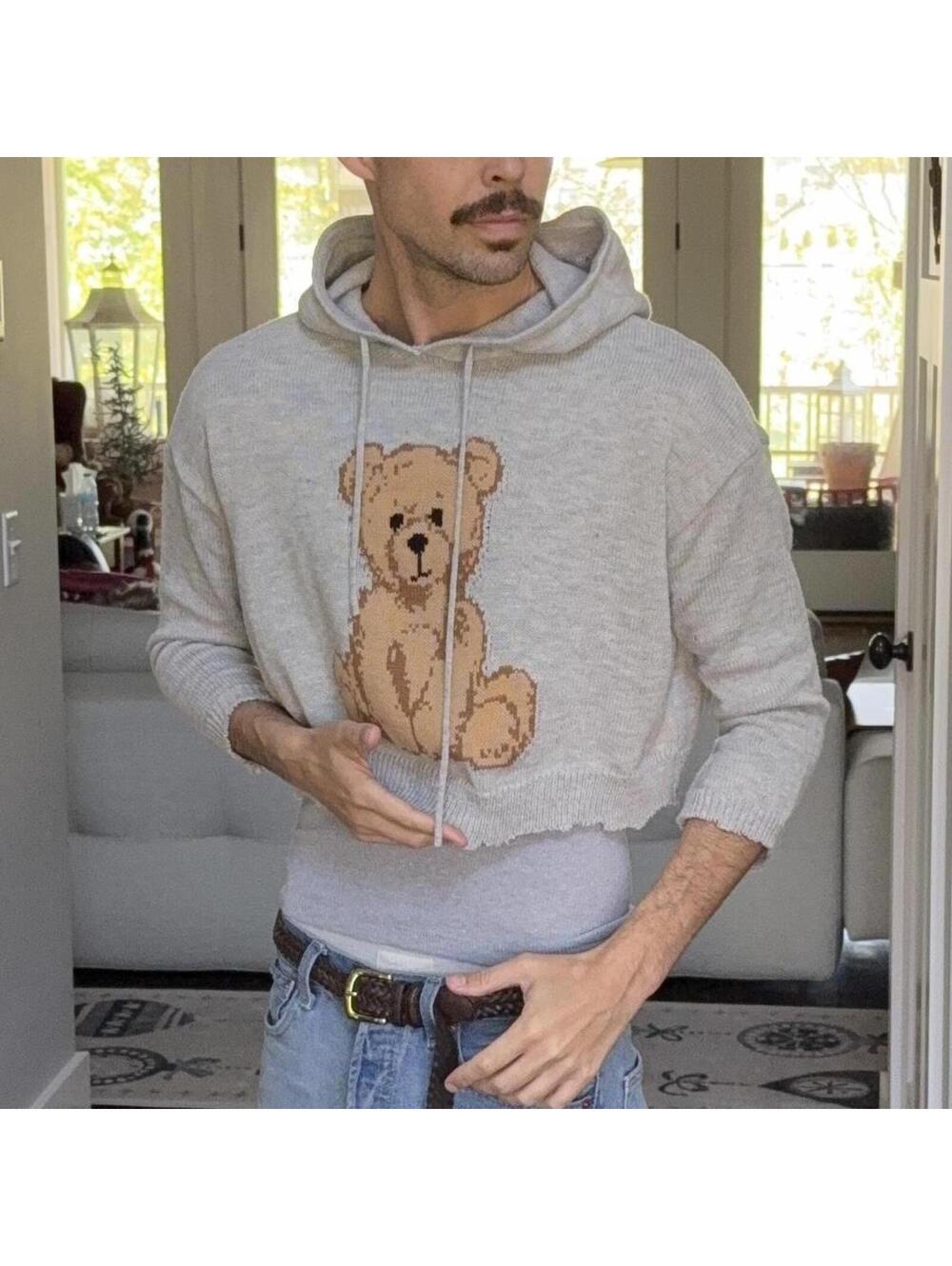 🐻 Cropped Teddy Bear Hoodie Sweater Size S Distressed Grunge Y2K